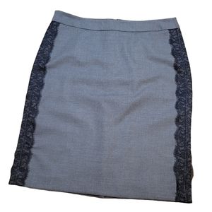 LOFT Gray Suit Skirt Sz 8 Black Lace Tuxedo Stripes Pencil Career Work 7/8 Med